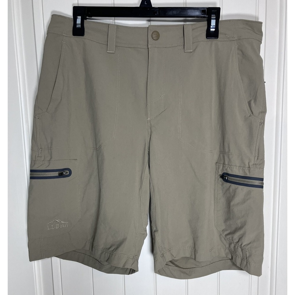 LL Bean Mens 34W Khaki Tan Nylon Spandex Stretch Cargo Hiking‎ Shorts Summer